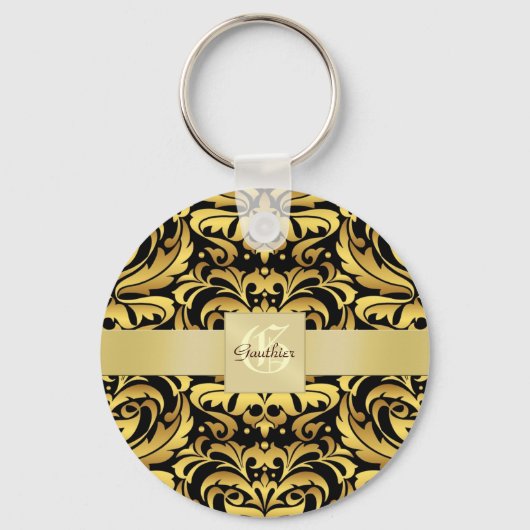 Black Damask Gold Monogram Sleutelhanger (Voorkant)