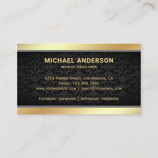 Black Damask Gold Musical Note Clef Muziekdocent Visitekaartje (Achterkant)