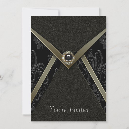 Black Damask Gold Trim Black Invitation Sjabloon Kaart (Voorkant)