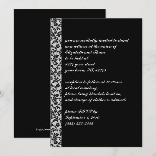 Black Damask  Gothic Invitation Kaart (Voorkant / Achterkant)