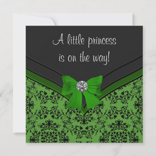 Black Damask Green Bow Princess Baby Shower Kaart (Voorkant)