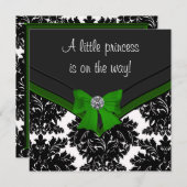 Black Damask Green Bow Princess Baby Shower Kaart (Voorkant / Achterkant)