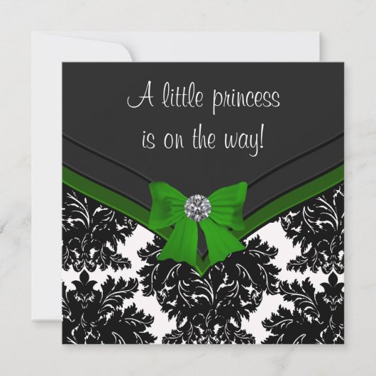 Black Damask Green Bow Princess Baby Shower Kaart (Voorkant)