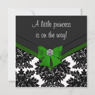 Black Damask Green Bow Princess Baby shower Kaart
