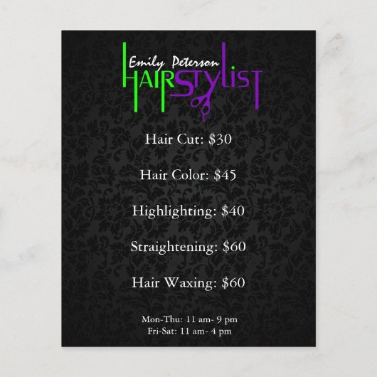 Black Damask Hair Stylist Flyer (Achterkant)