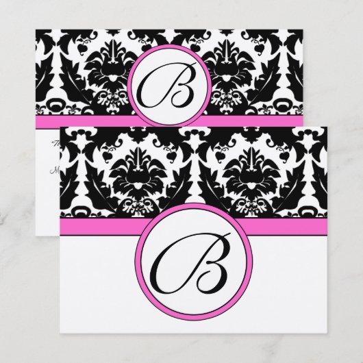 Black Damask Heart Swirl Bright Pink Trim RSVP (Voorkant / Achterkant)