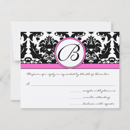 Black Damask Heart Swirl Bright Pink Trim RSVP (Achterkant)