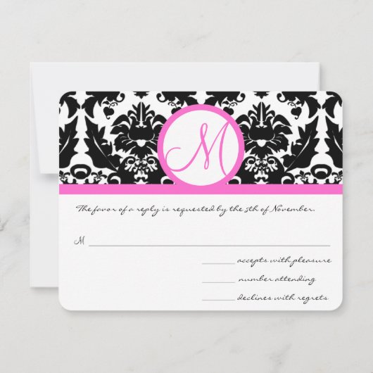 Black Damask Heart Swirl Bright Pink Trim RSVP (Achterkant)