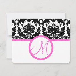 Black Damask Heart Swirl Bright Pink Trim RSVP Kaartje