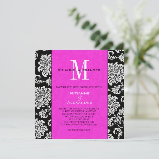 Black Damask Hot Pink Monogram Weddenschap Kaart (Staand voorkant)