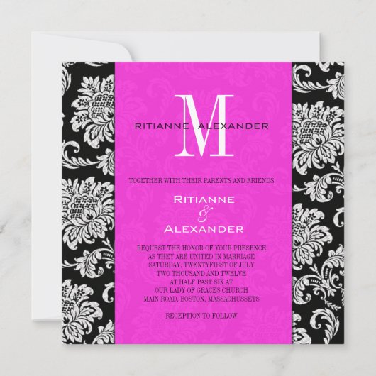 Black Damask Hot Pink Monogram Weddenschap Kaart (Voorkant)