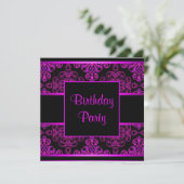 Black Damask Hot Pink Paarse verjaardagsfeestje Kaart (Staand voorkant)