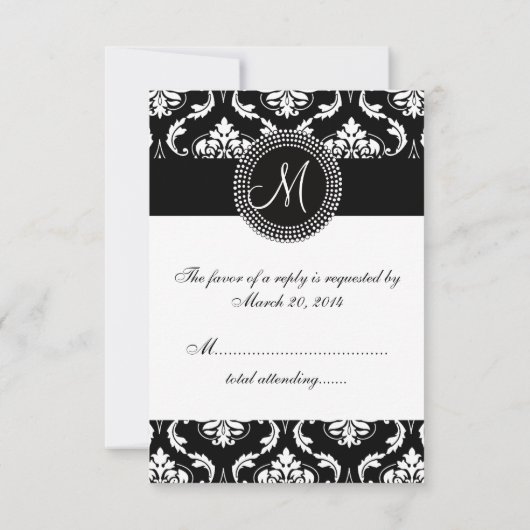 Black Damask Initiaal RSVP-kaarten voor Square Inv RSVP Kaartje (Achterkant)