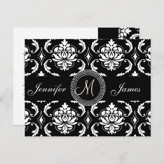 Black Damask Initiaal Wedding Reception Card Informatiekaartje (Voorkant / Achterkant)