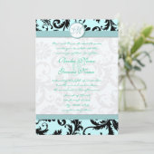 Black Damask Light Aqua Blue Wedding Invitation Kaart (Staand voorkant)