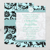 Black Damask Light Aqua Blue Wedding Invitation Kaart (Voorkant / Achterkant)