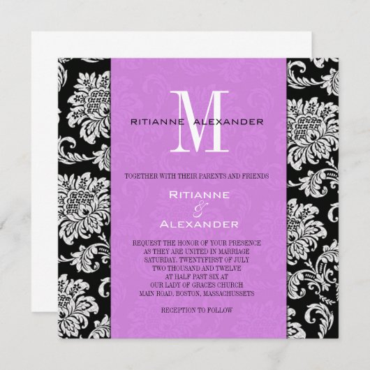 Black Damask Light Paarse Monogram Uitnodiging (Voorkant / Achterkant)