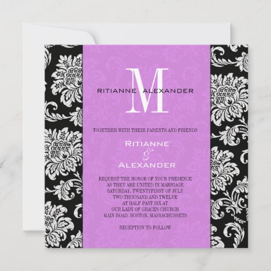 Black Damask Light Paarse Monogram Uitnodiging (Voorkant)
