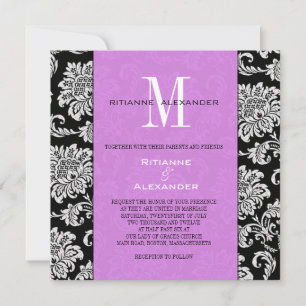 Black Damask Light Paarse Monogram Uitnodiging