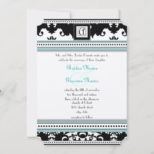Black Damask met Aqua Trim Wedding Invitation Kaart (Voorkant)