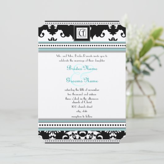 Black Damask met Aqua Trim Wedding Invitation Kaart (Staand voorkant)