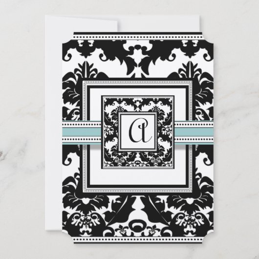 Black Damask met Aqua Trim Wedding Invitation Kaart (Achterkant)