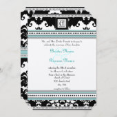 Black Damask met Aqua Trim Wedding Invitation Kaart (Voorkant / Achterkant)