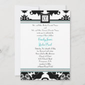 Black Damask met Aqua Trim Wedding Invitation Kaart (Voorkant)