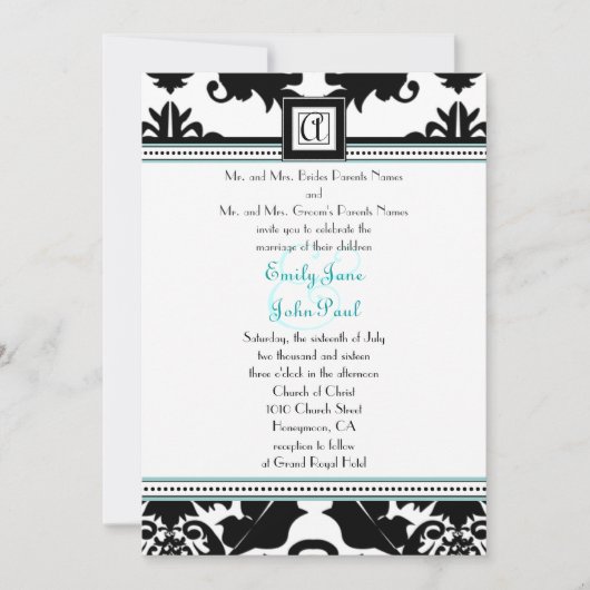 Black Damask met Aqua Trim Wedding Invitation Kaart (Voorkant)