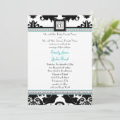 Black Damask met Aqua Trim Wedding Invitation Kaart (Staand voorkant)