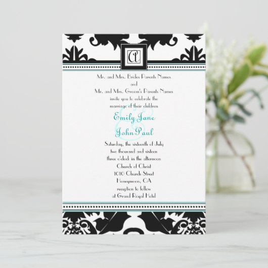 Black Damask met Aqua Trim Wedding Invitation Kaart (Staand voorkant)