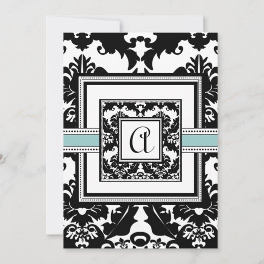 Black Damask met Aqua Trim Wedding Invitation Kaart (Achterkant)