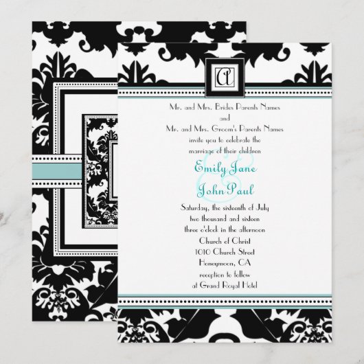 Black Damask met Aqua Trim Wedding Invitation Kaart (Voorkant / Achterkant)