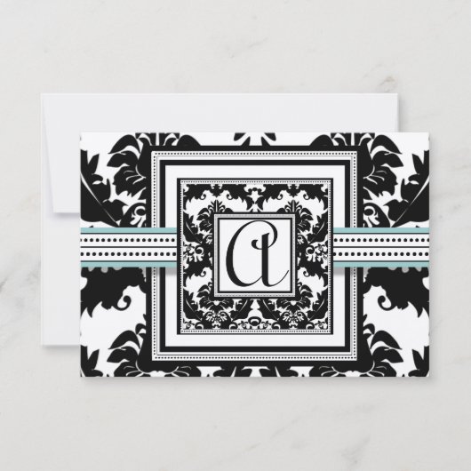Black Damask met Aqua Trim Wedding Invitation Kaart (Voorkant)