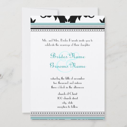 Black Damask met Aqua Trim Wedding Invitation Kaart (Voorkant)
