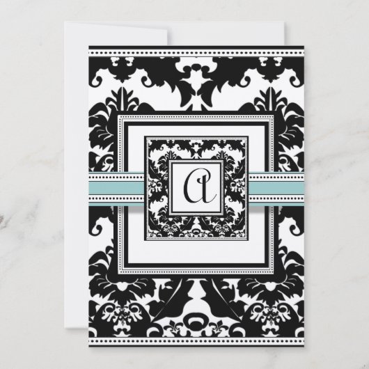 Black Damask met Aqua Trim Wedding Invitation Kaart (Achterkant)
