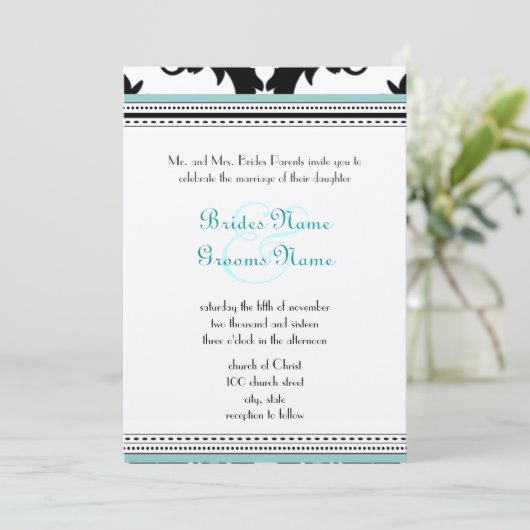 Black Damask met Aqua Trim Wedding Invitation Kaart (Staand voorkant)