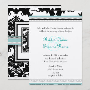 Black Damask met Aqua Trim Wedding Invitation Kaart