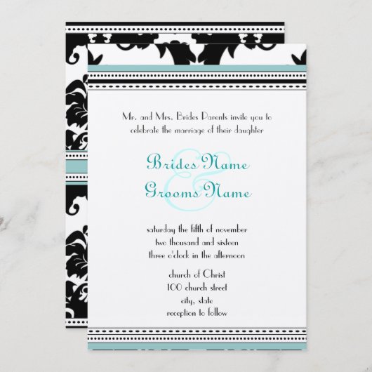 Black Damask met Aqua Trim Wedding Invitation Kaart (Voorkant / Achterkant)