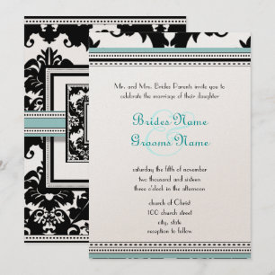Black Damask met Aqua Trim Wedding Invitation Kaart