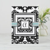 Black Damask met Aqua Trim Wedding Invitation Kaart (Staand voorkant)
