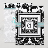 Black Damask met Aqua Trim Wedding Invitation Kaart (Voorkant / Achterkant)