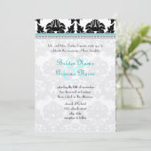 Black Damask met Aqua Trim Wedding Invitation Kaart (Staand voorkant)