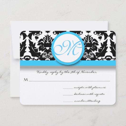 Black Damask met Bright Aqua Blue Trim Weddenschap RSVP Kaartje (Achterkant)