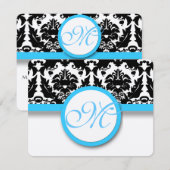Black Damask met Bright Aqua Blue Trim Weddenschap RSVP Kaartje (Voorkant / Achterkant)