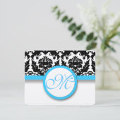 Black Damask met Bright Aqua Blue Trim Weddenschap RSVP Kaartje (Staand voorkant)