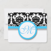 Black Damask met Bright Aqua Blue Trim Weddenschap RSVP Kaartje (Voorkant)