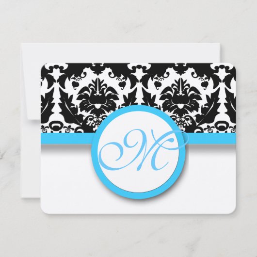 Black Damask met Bright Aqua Blue Trim Weddenschap RSVP Kaartje (Voorkant)