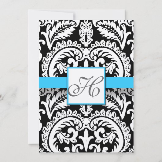 Black Damask met Bright Aqua Wedding-uitnodigingen Kaart (Achterkant)
