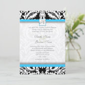 Black Damask met Bright Aqua Wedding-uitnodigingen Kaart (Staand voorkant)